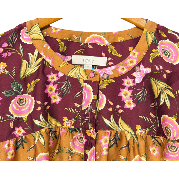 Loft Sz XXL Dressy Blouse Contrast Yoke Bronze & Burgundy Floral Satin Office - Picture 3 of 8